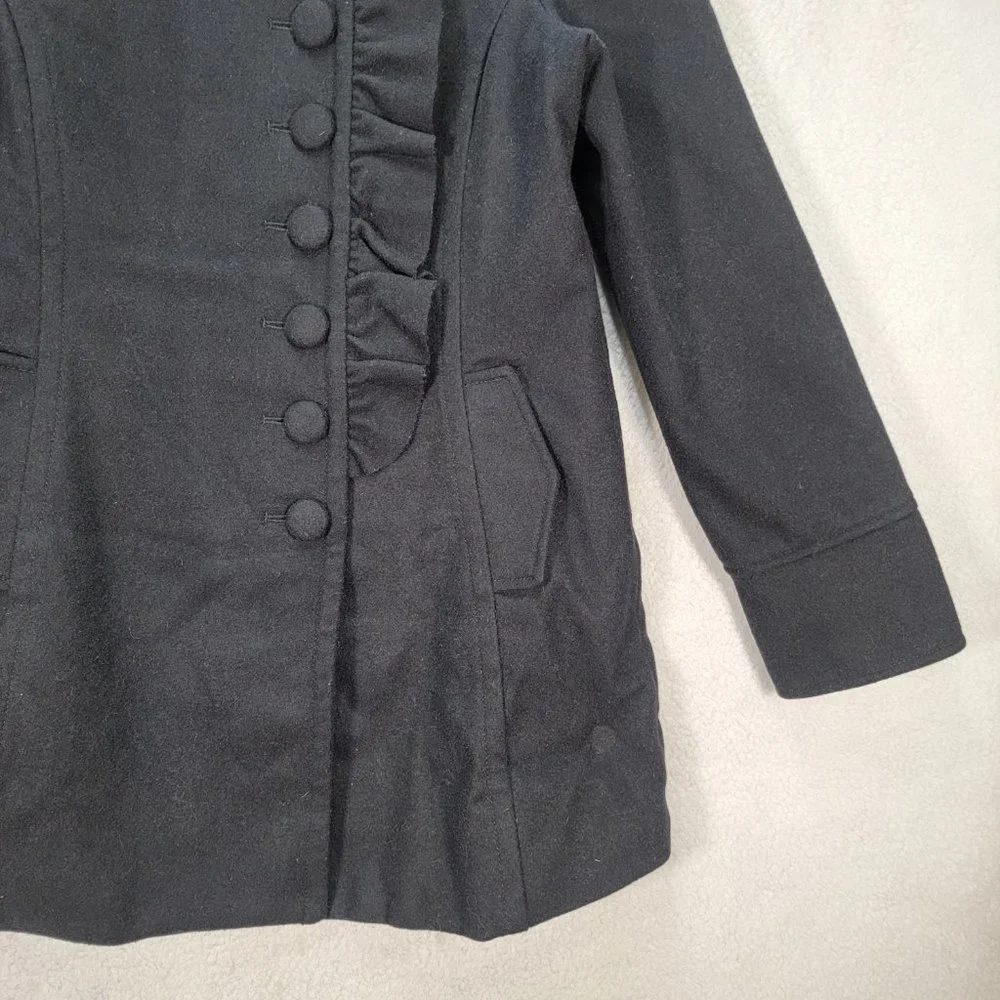 Kimchi Blue Black Wool Ruffled Button High Neck Classic Warm Pea Coat Jacket - Picture 4 of 15